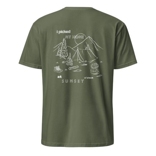 unisex-basic-softstyle-t-shirt-military-green-back-68604bb7a4dc2.jpg Camping Sunset Unisex T-Shirt